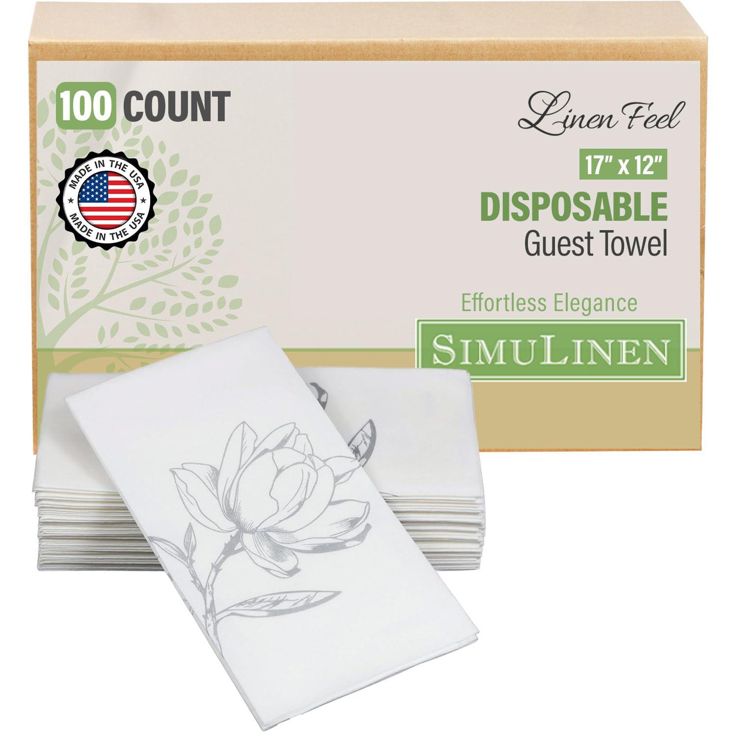 SimuLinen Silver Magnolia Disposable Bathroom Guest Towels - Folded, Single-Use, Kosher Paper Towels, 12x17", 100ct (Made in USA)