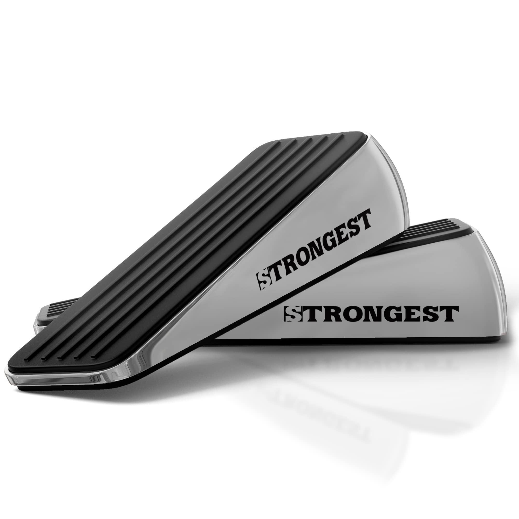Strongest Home Heavy Duty Door Stopper Wedge (2 Chrome PCs) | Non-Slip Rubber and Metal Door Stop for Heavy Doors| Work on Wood, Tile, Carpet + 2 White Wall Protectors
