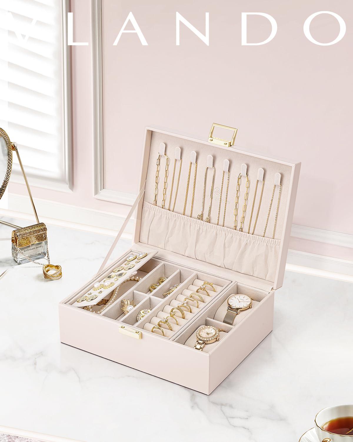 Vlando 2 Layer Jewelry Box Large Jewelry Organizer for Women Removable Jewelery Tray with Watch Pillow for Necklace Earrings Rings Bracelets Jewelry Boxes for Wedding Gifts Bride Gifts(Apricot White) - Image 5