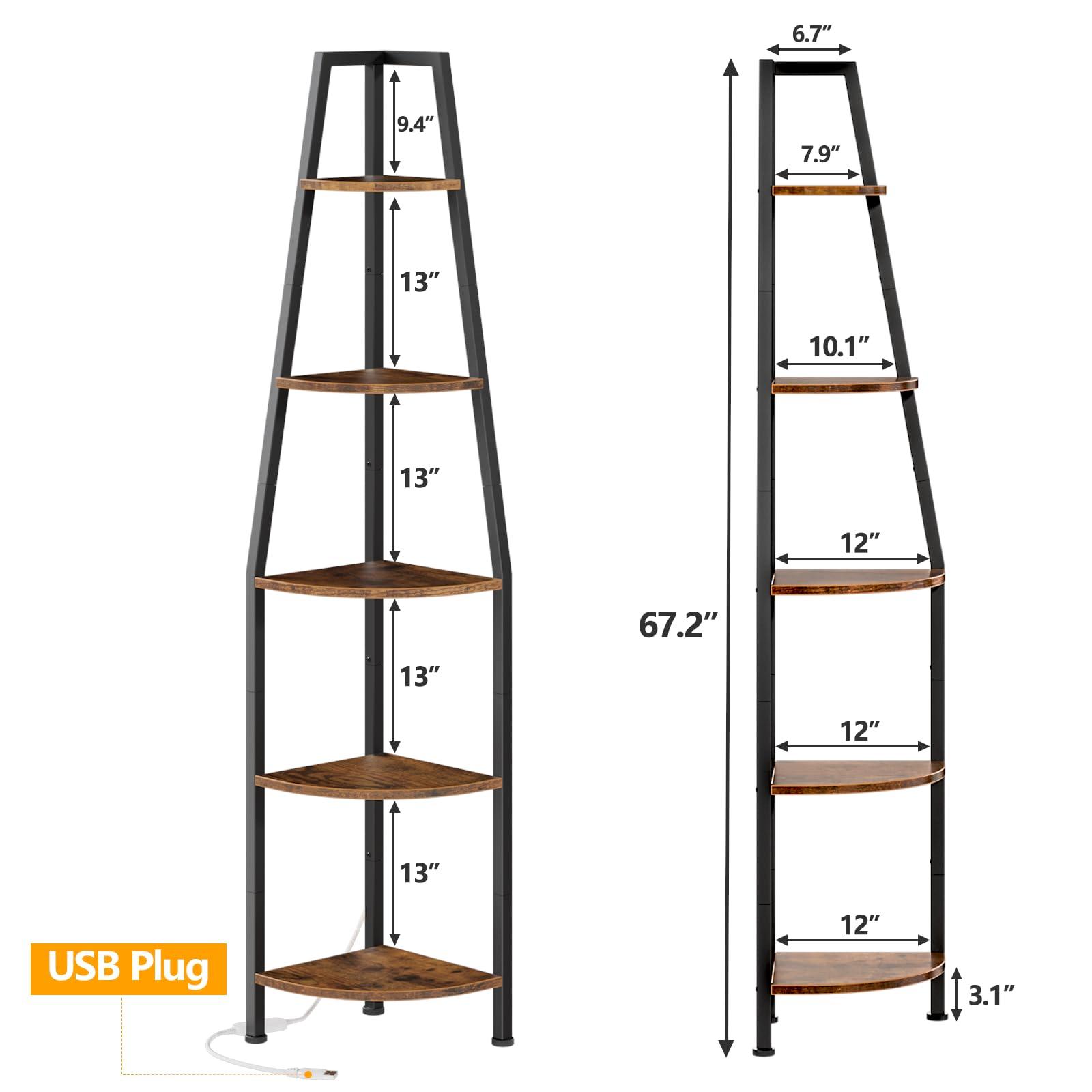 Furnulem 5 Tier Corner Shelf with LED Light, 67.2” Tall Standing Shelf for Wall Corner, Narrow Bookshelf Ladder Shelf for Bedroom, Living Room, Plant, Wood Storage Rack, Metal Frame (Rustic Brown) - Image 2