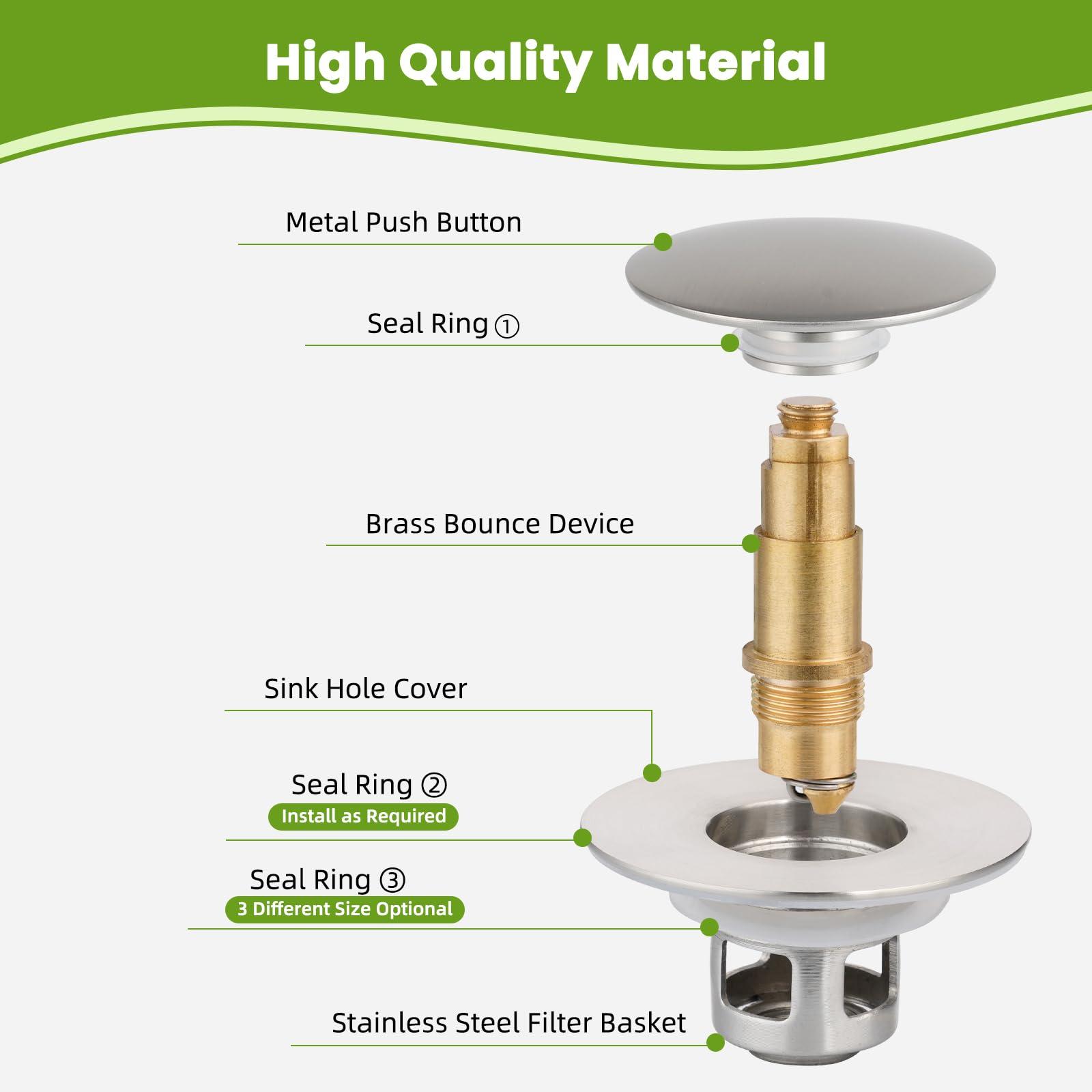 Hygie Rinse Universal Bathroom Sink Stopper All Metal 2 in 1 Pop Up Basin Sink Drain Strainer for 1.1~2.3 Inch US Standard Sink Drain Strainer with Hair Catcher, Anti-Clog, Brushed Nickel - Image 6