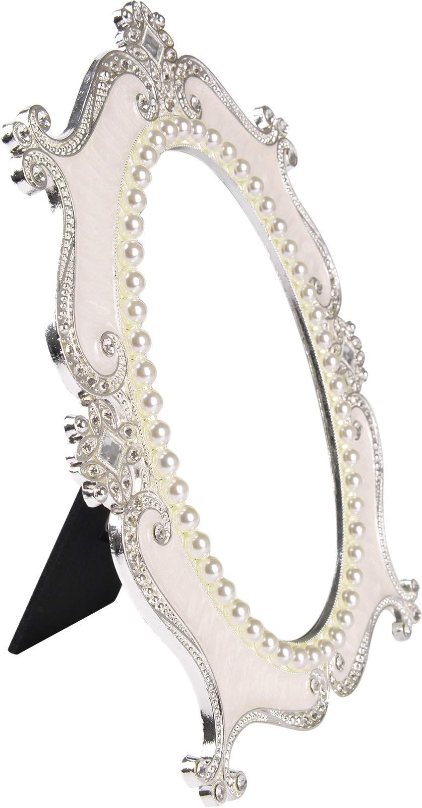 Nerien Decorative Tabletop Oval Mirror Vintage Metal Desktop Mirror with Stand Pearl Floral Frame Makeup Mirror Retro Cosmetic Mirror Countertop Dressing Mirror for Home, Bedroom Decor White-S - Image 3