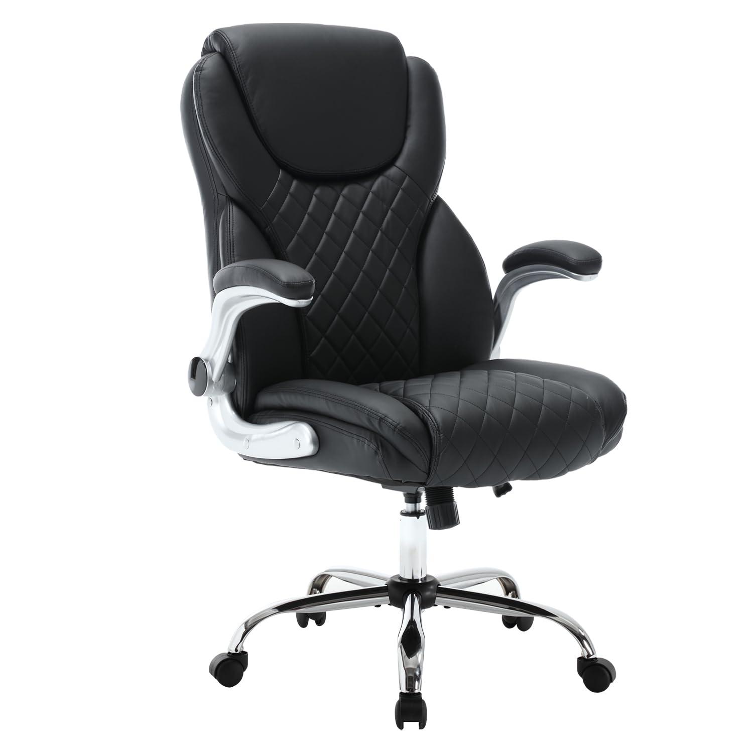 REFICCER Executive Office Chair, High Back Faux Leather Ergonomic Office Desk Chairs with Wheels, 90-120° Rocking Managerial Swivel Home Computer Chairs with Flip up Arms Lumbar Support(Black)