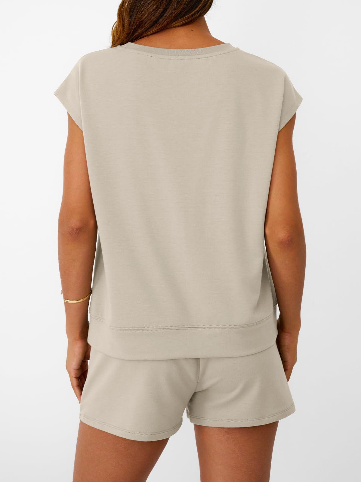 LILLUSORY Womens Crew Neck Cap Sleeve Drawstring Two Piece Summer short Sets Sweatsuit with Pocket - Image 5
