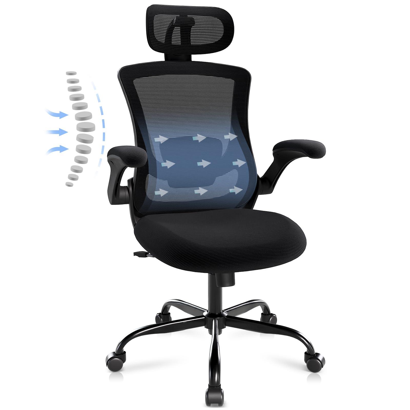 Ergonomic Office Chair with Adjustable Lumbar Support & Headrest – High Back Mesh Desk Chair with Flip-Up Armrests, Swivel Rolling Computer Chair for Home Office, Breathable & BIFMA Certified, Black