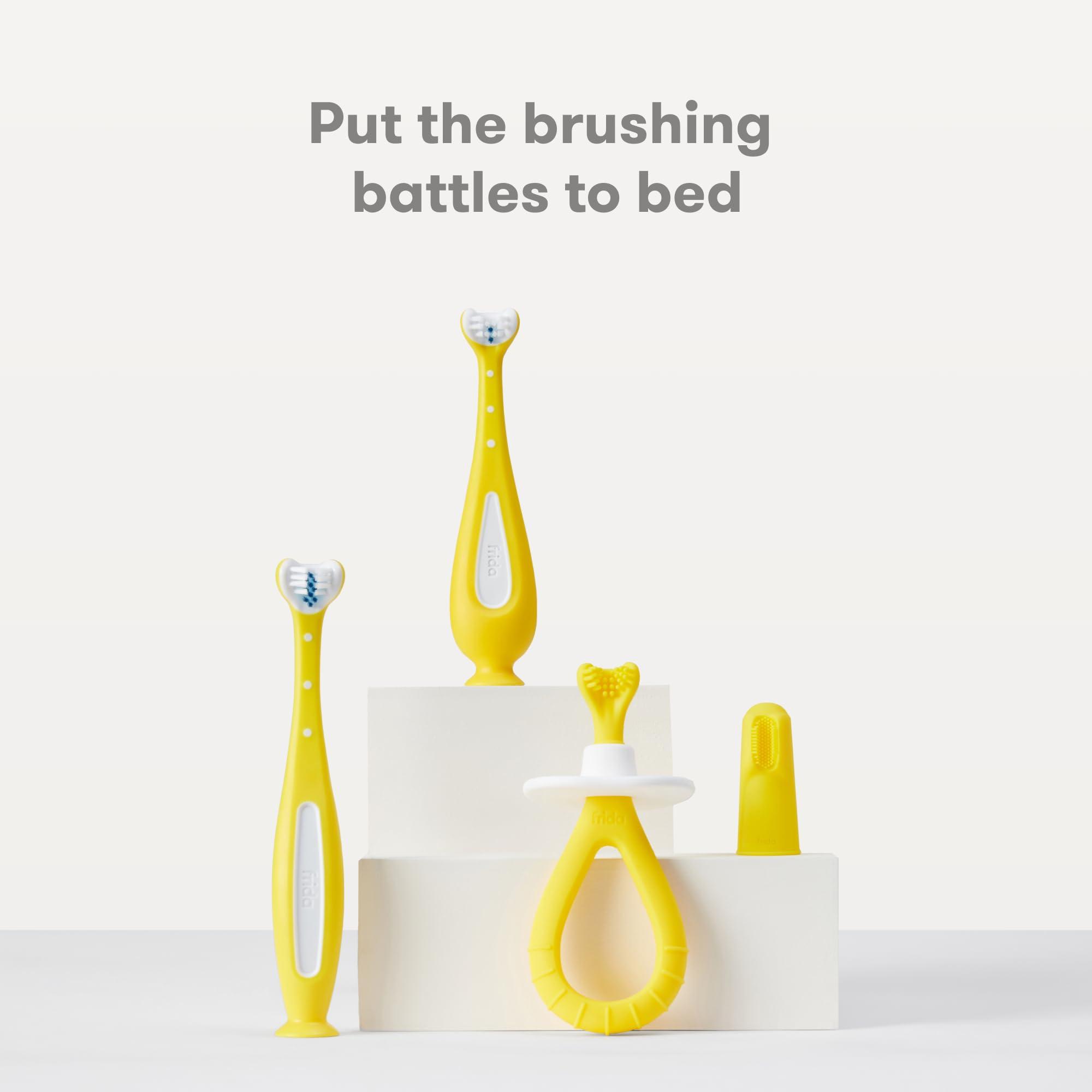 Frida Baby Grow-with-Me Baby Toothbrush Training Set | Infant to Toddler Toothbrush 0-12 months, Cleans All Sides at Once, Oral Care for Sensitive Gums | Yellow - Image 6