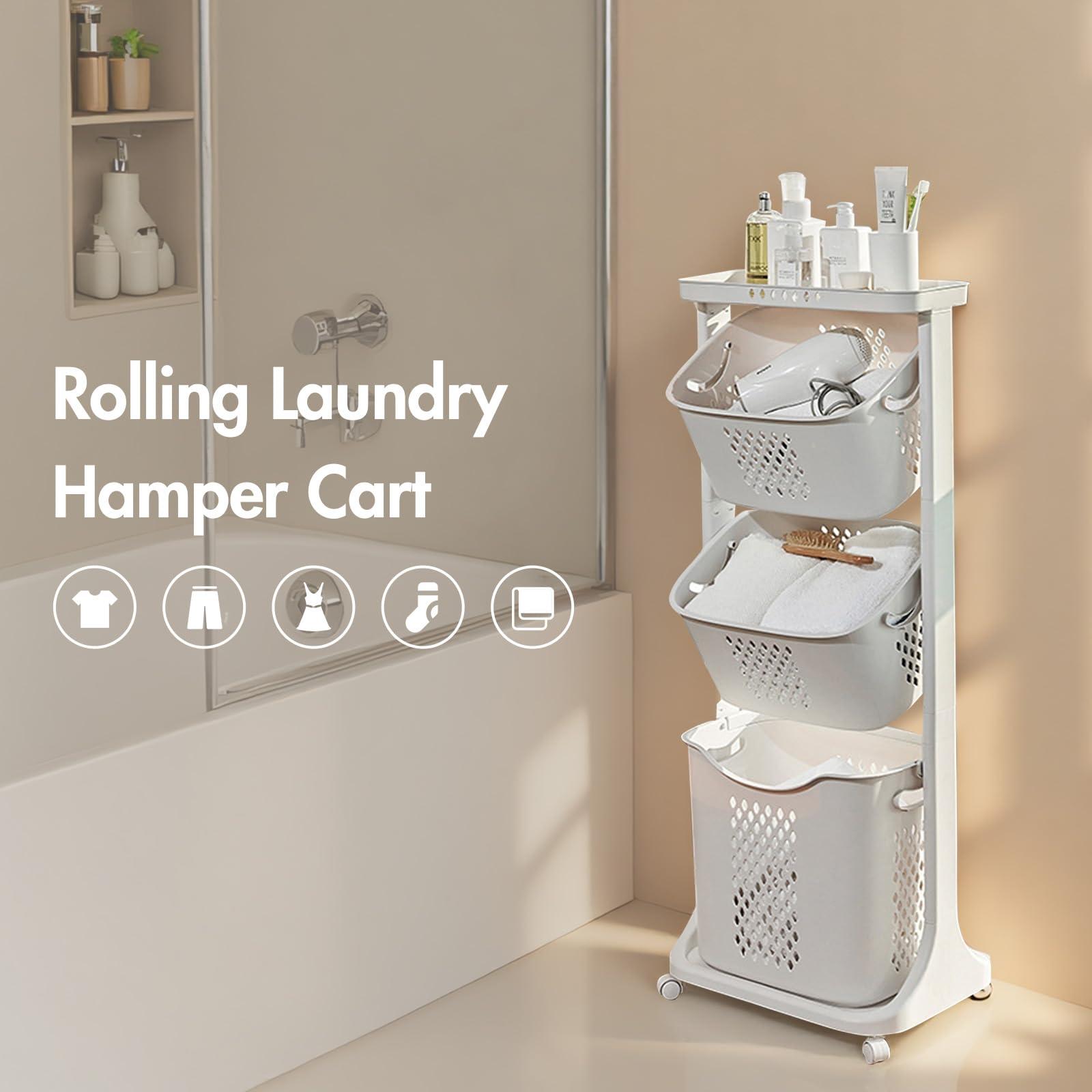 BAOKALER Rolling Laundry Hamper Cart with Wheels, 3 Tier White Laundry Baskets, Clothes Hamper with Portable Storage Baskets for Kitchens, Bathrooms, Bedrooms, Classrooms, Laundry Rooms - Image 3