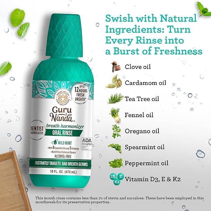 GuruNanda Fresh Breath Mouthwash, ADA-Accepted, Alcohol & Fluoride-Free, Sodium Chlorite, Essential Oils & Vitamins, 12-Hrs Fresh Breath, Wild Mint, 16 oz - 2 Pack - Image 2