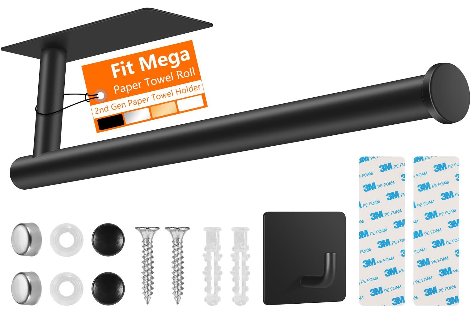 2nd Gen Paper Towel Holder Under Cabinet, [More Sturdy] Self Adhesive or Drilling Paper Towel Holder Wall Mount for Kitchen, RV, [Fit Mega Paper Towel Roll] SUS304 Stainless Steel(Pack of 1, Black)