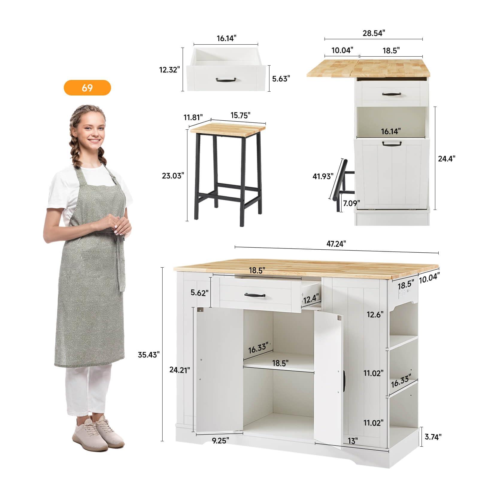 ONBRILL Stationary Kitchen Islands Include 2 Chairs, 47" Kitchen Island with Drop Leaf, Home Bar Table with Spice Rack & with Trash Cabinet, Island Table for Dining Room with Power Outlet, White - Image 2