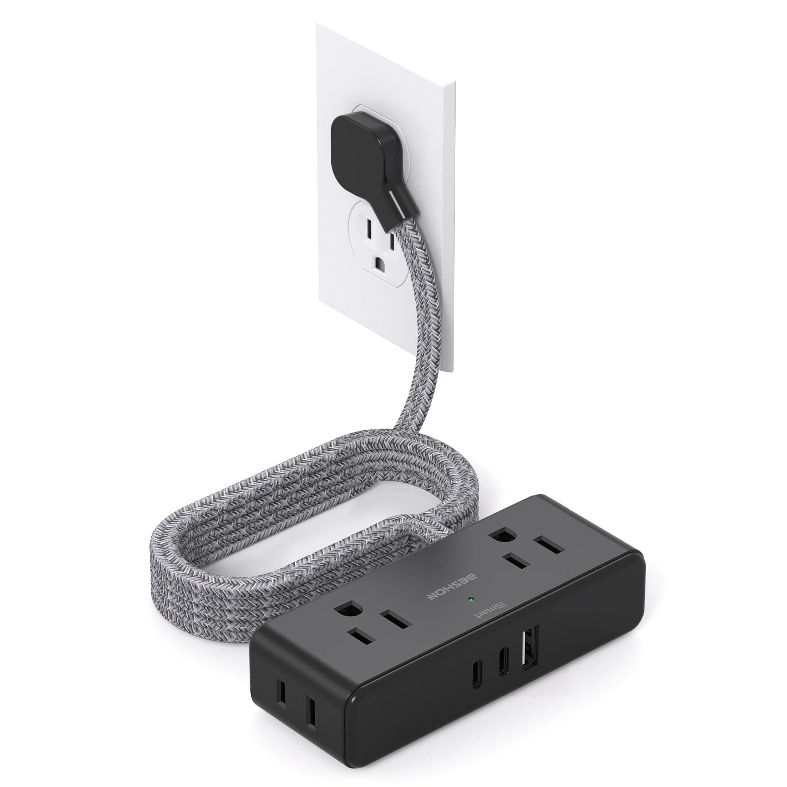 Extension Cord 10 ft, BESHON Flat Plug Power Strip, 4 Widely Outlets with 3 USB Ports (2 USB C), Extension Cord with Multiple Outlets for Home, Office, Dorm Room Essentials, Black