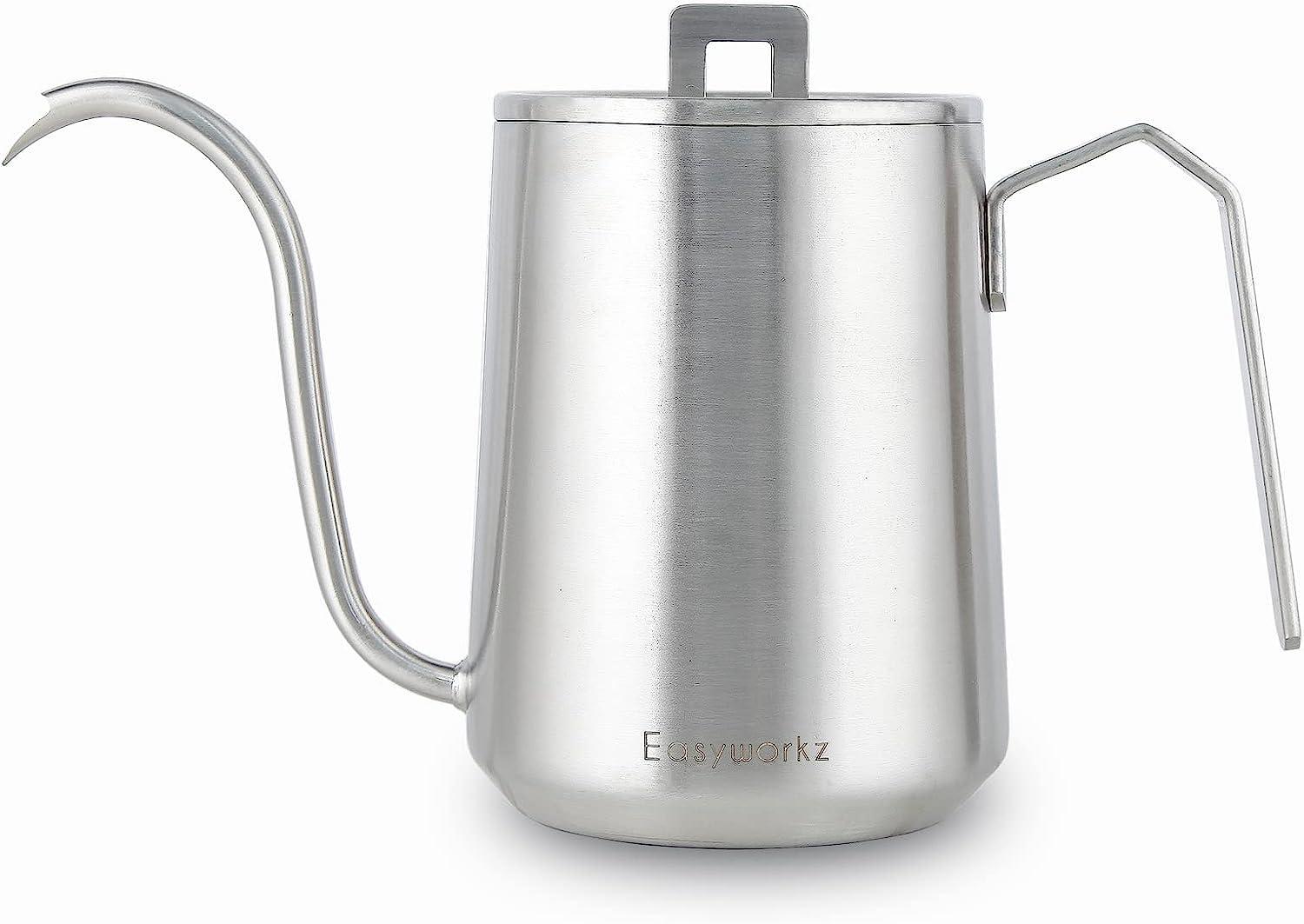 Easyworkz Gooseneck Pour Over Coffee Kettle 20 oz Stainless Steel Hand Drip Coffee Pot With Long Narrow Spout, Brushed Silver