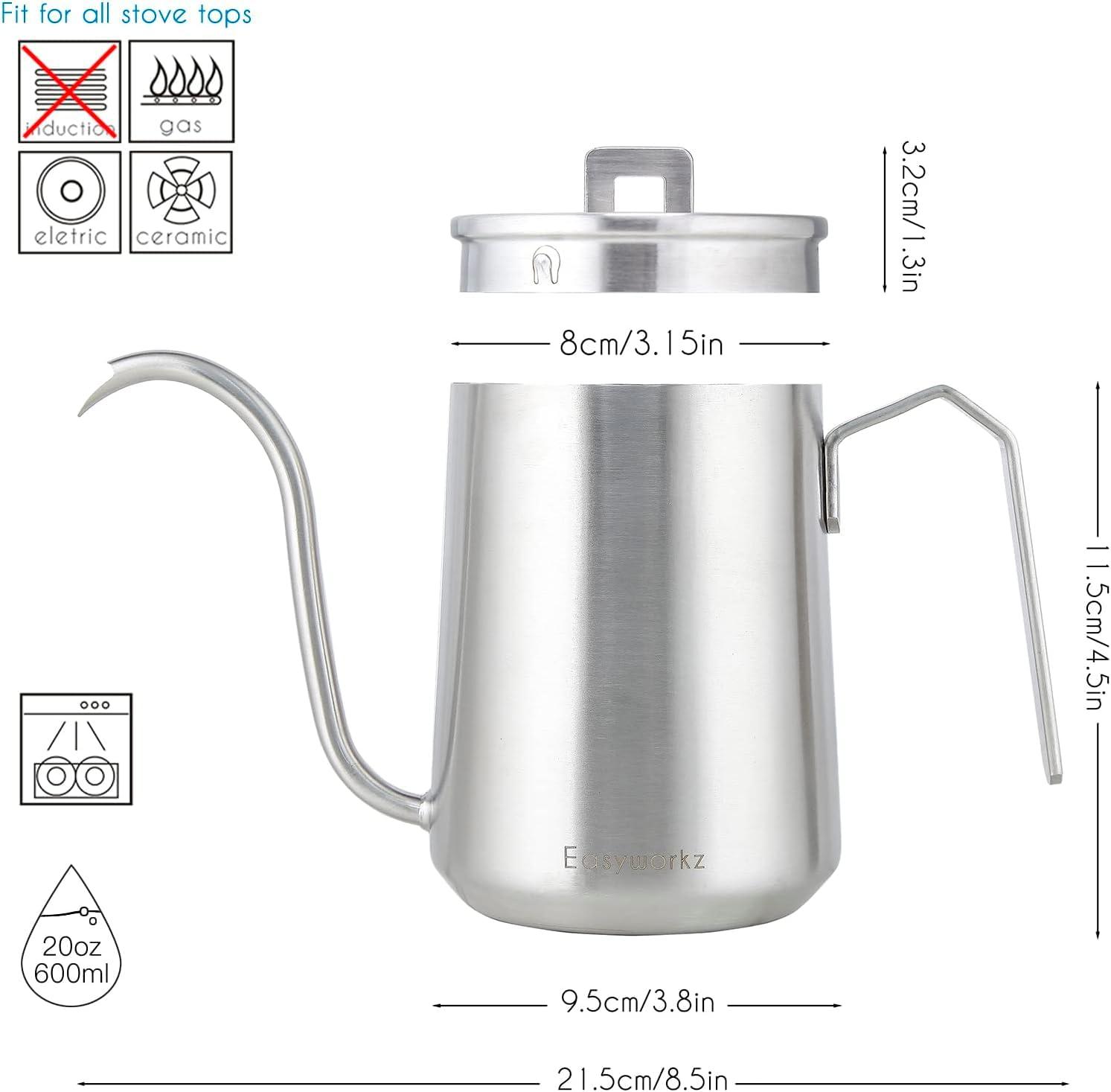 Easyworkz Gooseneck Pour Over Coffee Kettle 20 oz Stainless Steel Hand Drip Coffee Pot With Long Narrow Spout, Brushed Silver - Image 3