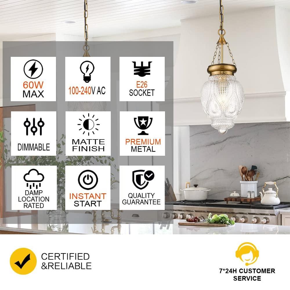 DSMJFU Brass Gold Glass Ceiling Pendant Light Kitchen Island Lighting Farmhouse Vintage Pendant Light Hanging Light Fixture for Dining Room, Entryway, Sink, Breakfast Nook - Image 3
