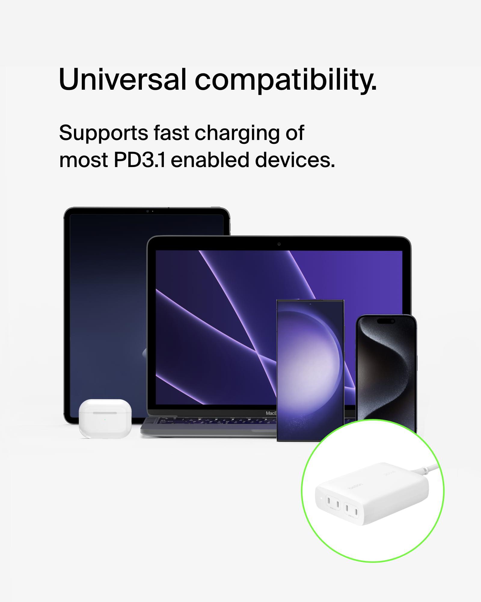Belkin 4-Port USB C Charger Block 200W - GaN Multi-Port Charger USB-C PD 3.1 Fast Charge + 5ft Power Cord - MacBook, iPhone 16, iPad, Galaxy S25, Google Pixel, Nintendo Switch 2 - White - Image 6