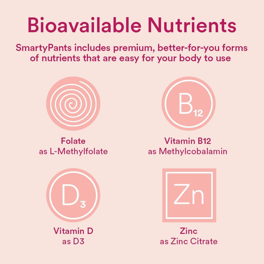 SmartyPants Women's Multivitamin Gummies: Omega 3 Fish Oil (EPA/DHA), Methylfolate, CoQ10, Vitamin D3, C, Vitamin B12, B6, A, K & Zinc, Inositol, Gluten Free, 180 Count (30 Day Supply) - Image 8