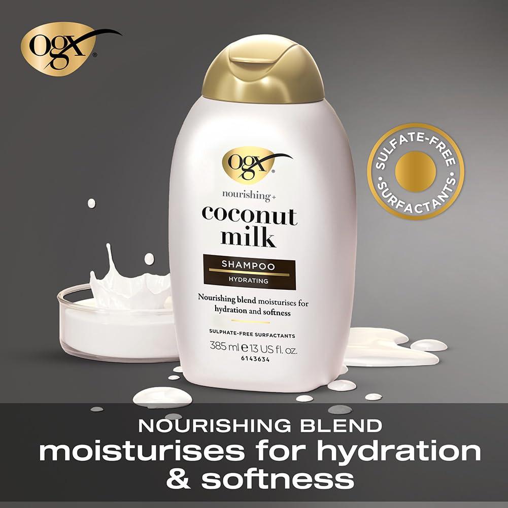 OGX Nourishing + Coconut Milk Moisturizing Shampoo, Hydrating & Restoring Shampoo Moisturizes for Soft Hair After the First Use, Paraben-Free, Sulfate-Free Surfactants, 13 fl. oz - Image 2