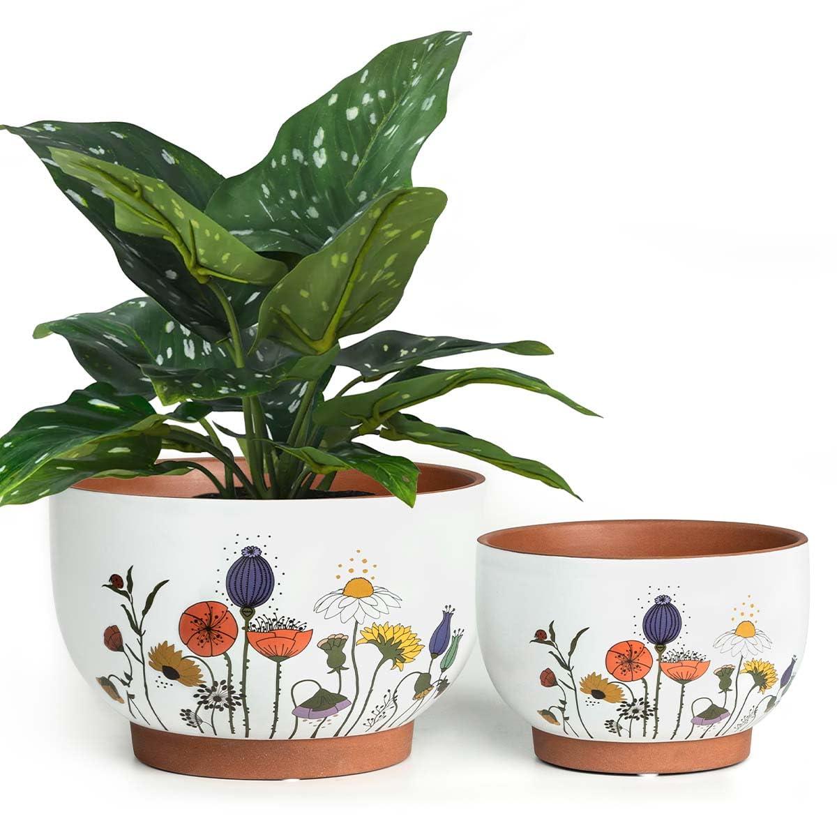 YBX 8 Inch & 6 Inch Terracotta Pots, Plant Pots Indoor, Flower Pots for Indoor Plants with Drainage, Planters with Floral Accent for Indoor Plants (French Country)