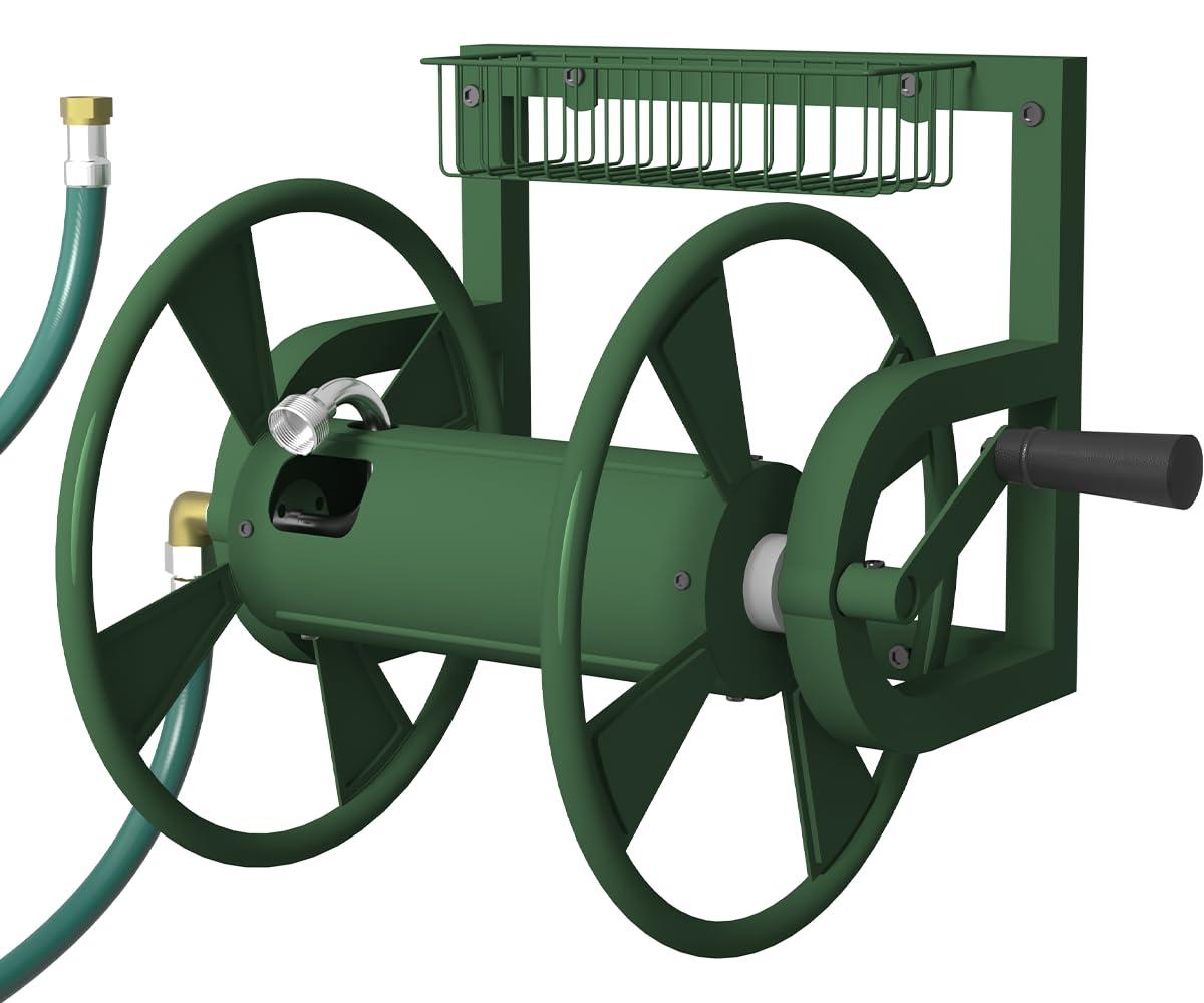 Artigarden Garden Wall Mounted Hose Reel, Outdoor Heavy-Duty Water Hose Holder Winder, Holds 125 Feet of 5/8-Inch Hose, with 3.9 ft Leader Hose, Brass Fitting and Storage Basket for Yard, Green