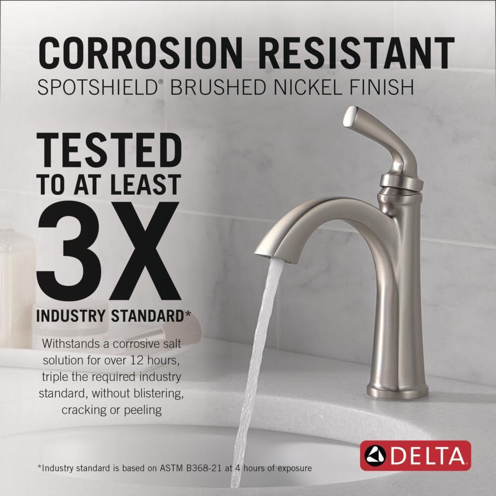 Delta Geist Brushed Nickel Bathroom Faucet 1 Hole, Single Hole Bathroom Sink Faucet for Vanity, Push-Pop Drain Assembly, SpotShield Brushed Nickel 15864LF-SP - Image 4