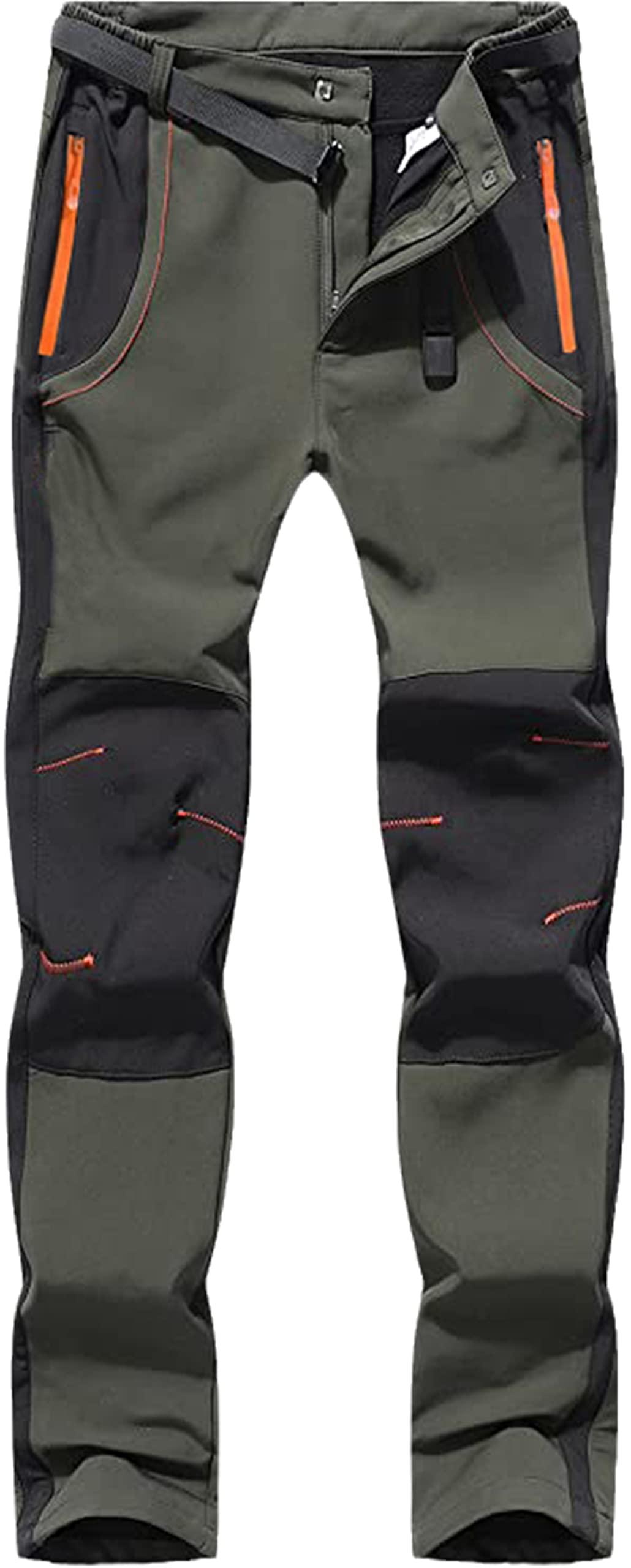 Pulcykp Men's Winter Outdoor Camping Hiking Fishing Climbing Fleece Soft Shell Pants Breathable Running Fitness Sports Pants Army GN L Asia Size - Image 1