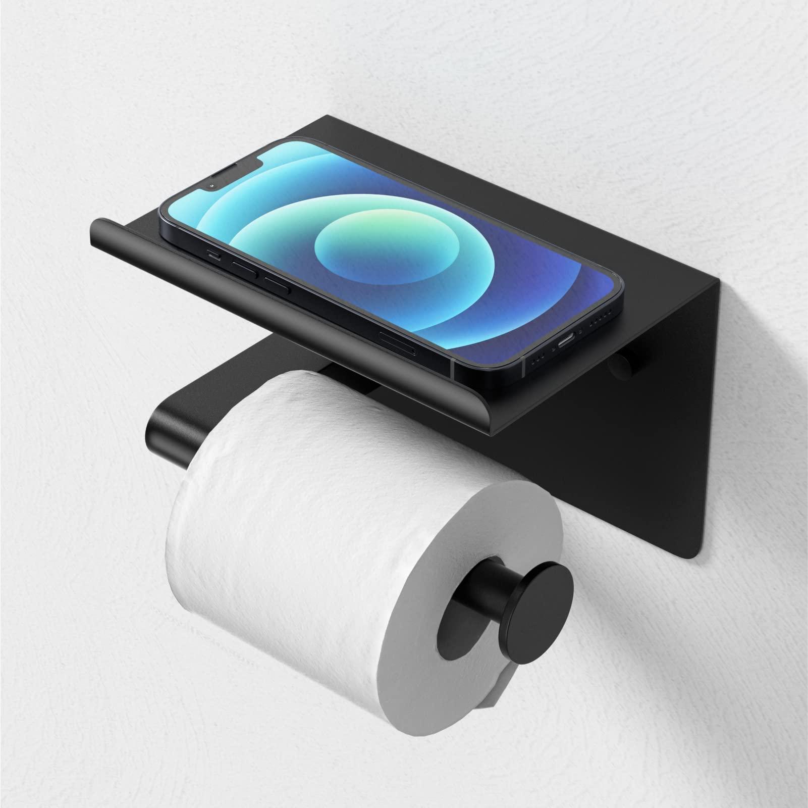 GLNLQ Matte Black Toilet Paper Holder with Shelf, Fits Mega Rolls, Rustproof Stainless Steel, Self Adhesive Wall Mount Toilet Paper Roll Holder, for Bathroom, Washroom, Kitchen, RV - Image 6