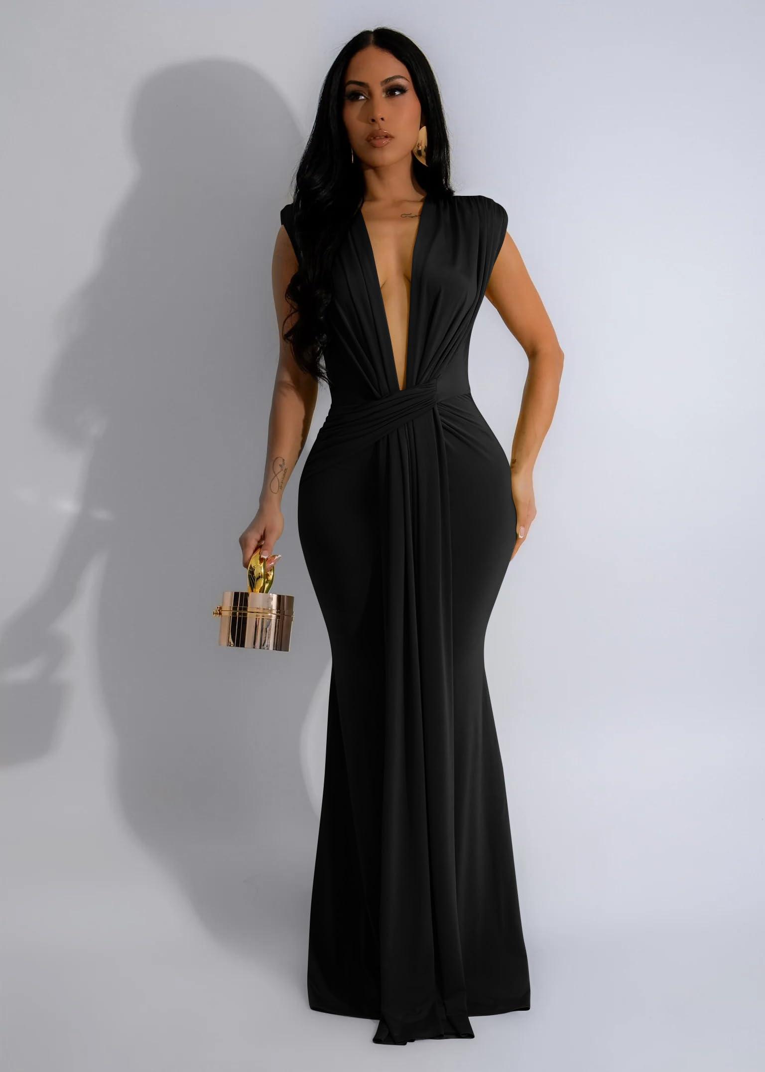 Memoriesea Women's Elegant Sleeveless Deep V Neck Bodycon Party Evening Gown Maxi Dress - Image 2