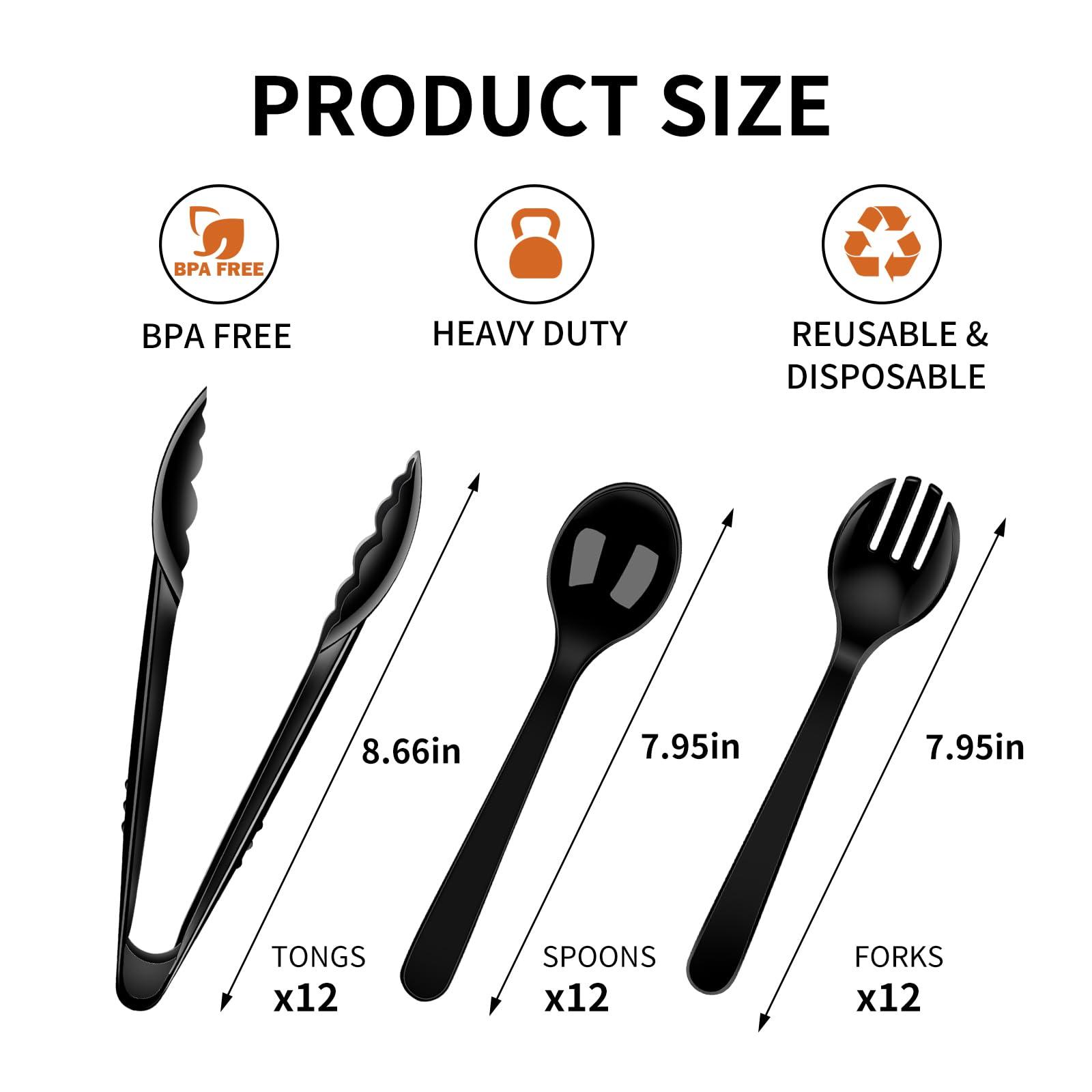 36 PCS Disposable Serving Utensils for Party - 12 Set Including Black Plastic Spoons, Tongs and Forks - Image 3