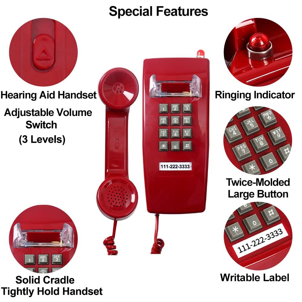 Traditional Red Wall Phones for Landline Mechanical Ringing, Classic 2554 Wall Telephone Ringing Indicator, Retro Wall Phone Hearing Aid, Old Wall Mount Phone for Home,School, Backup Telephone - Image 4