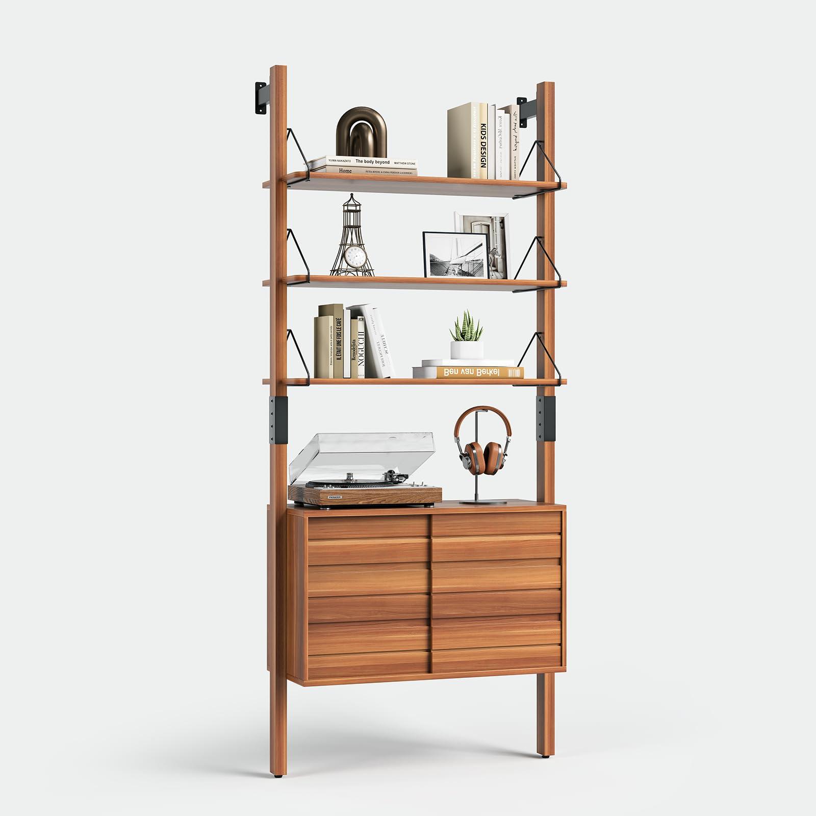 JOINICE, Ladder Bookshelf with Storage Cabinet, Mid Century Modern Wall Mounted Bookcase with Wood and Metal Frame, 6 Tier Open Display Shelves for Living Room, Bedroom, Home Office, Cherry - Image 7