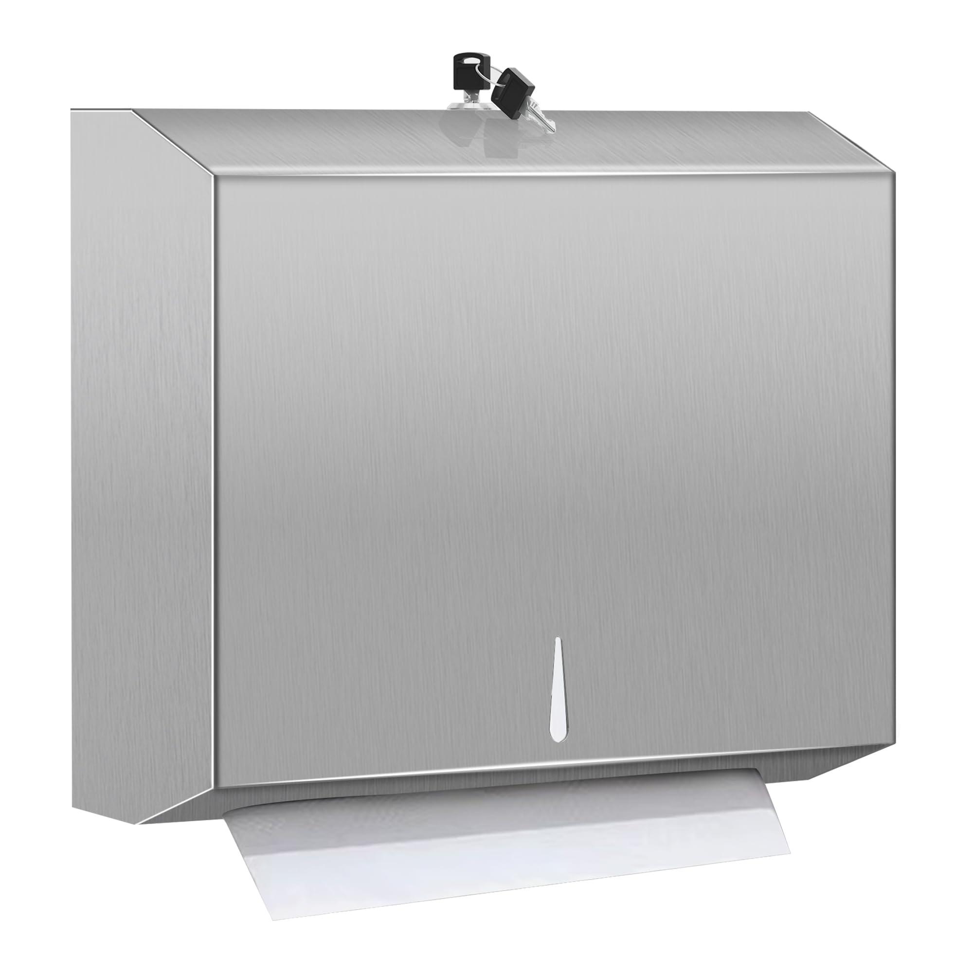 Comercial Paper Towel Dispenser Wall Mount, Stainless Steel Hand Towel Dispenser with Lock, Trifold/C Fold Paper Towel Holder for Bathroom Kitchen Office Public Places, Large Capacity Tissue Holder