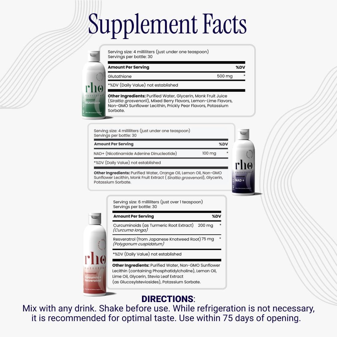 Rho Nutrition - Cellular Longevity Essentials Bundle – Ultra High Absorption Liquid Liposomal Supplements for Healthy Aging & Cellular Support - NAD+, Curcumin + Resveratrol, & Glutathione (3 Pack) - Image 7