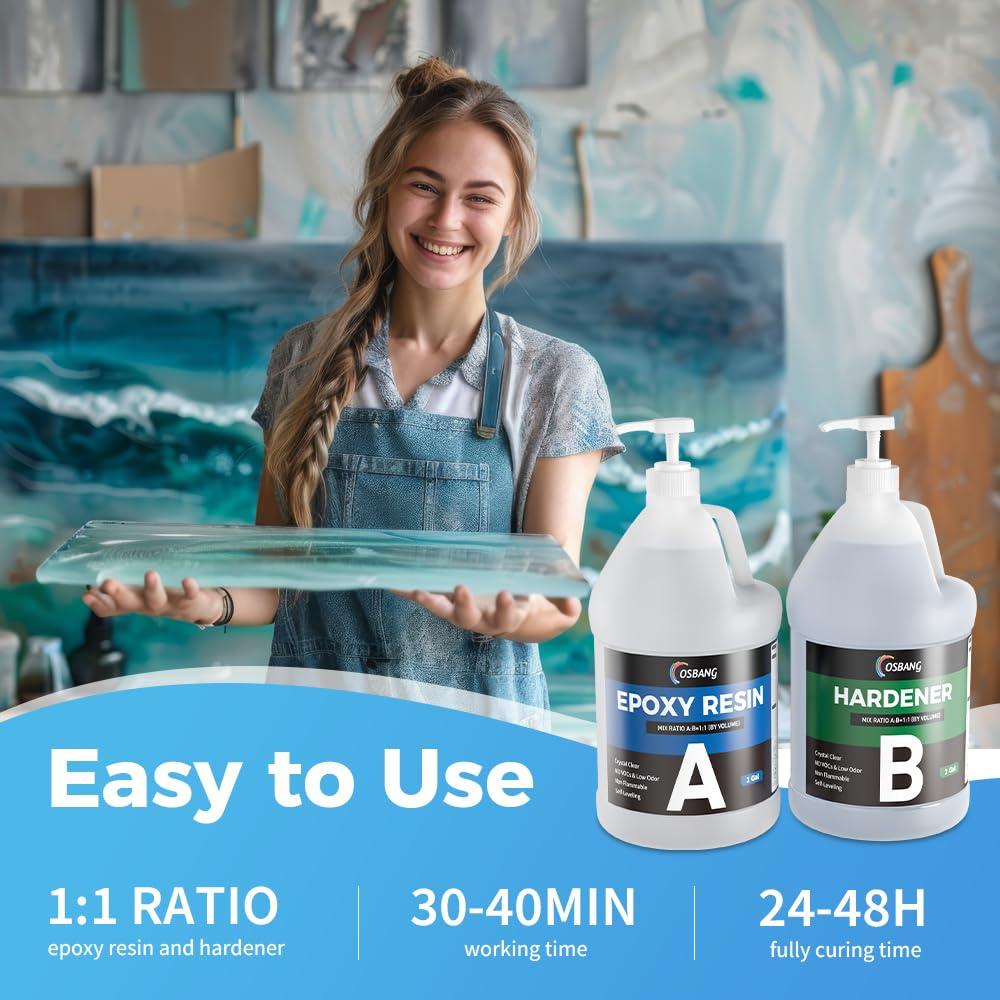 OSBANG Epoxy Resin 2 Gal, Clear Casting Kit for DIY Craft & Beginners, Crystal Clear Epoxy Resin for Casting, Coating, Jewelry Making & DIY, Hard Type No Bubble Non-Yellowing Deep Pour Resin(1 Gal×2) - Image 5