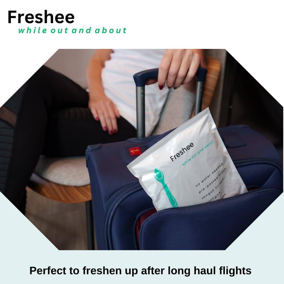 Freshee 5 in 1 Disposable Mini Toothbrush with Toothpaste + Floss + Pick + Tongue Scraper | Travel Size | Individually Wrapped | Soft | Mint | Travel Set | Oral Care - Image 7