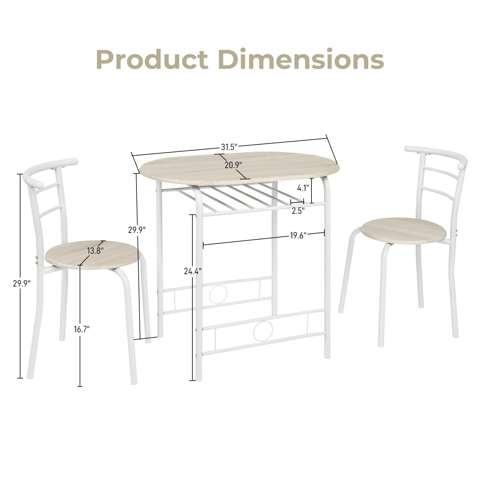 VINGLI 3 Piece Dining Set,Small Kitchen Table Set for 2,Breakfast Table Set,Kitchen Wooden Table and 2 Chairs for Small Space/Dining Room/Apartment,Metal Frame,Wine Rack,White&Light Oak - Image 3