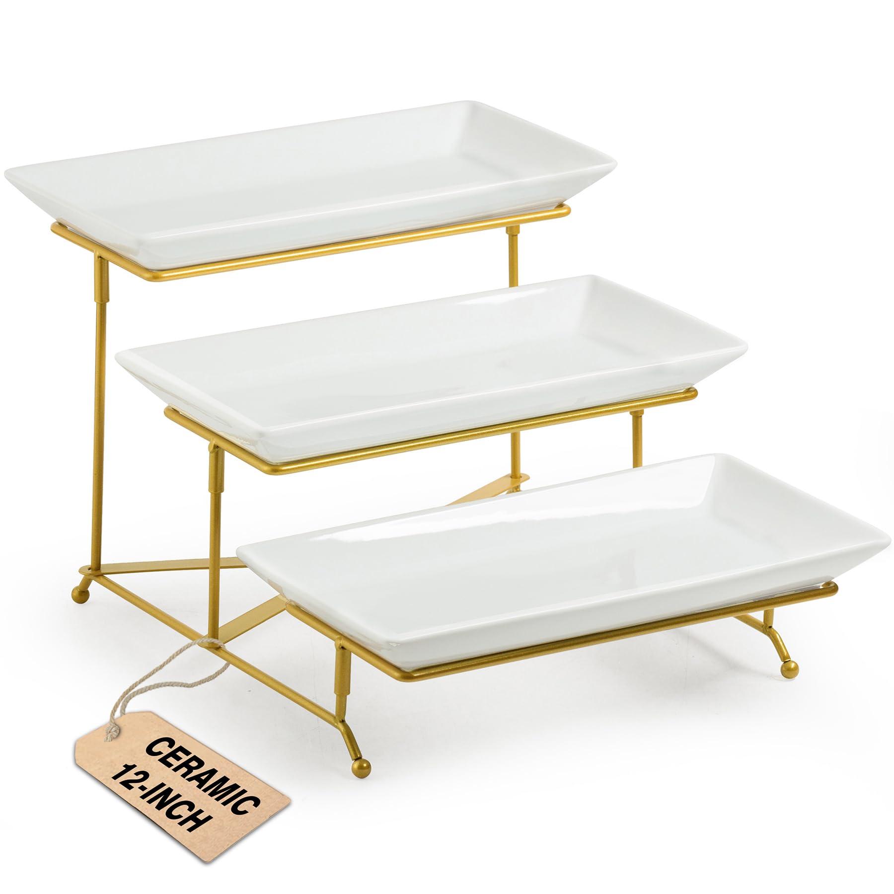 LAUCHUH 3 Tier Serving Stand Porcelain Serving Platter Tier Serving Trays with Collapsible Sturdier Rack, Serving Dishes and Platters for Valentine's Day, Christmas, Entertaining, Gold, 12 Inch
