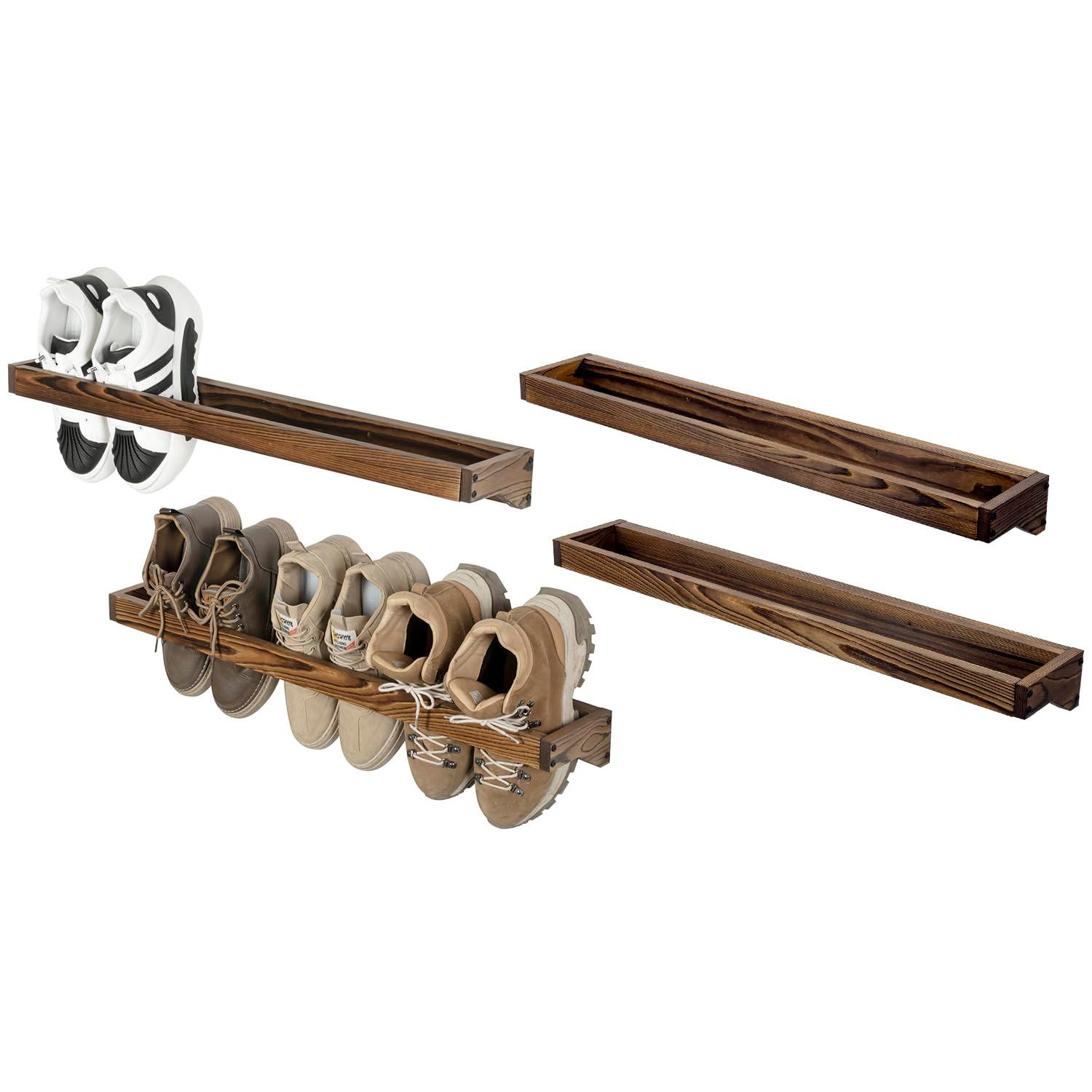 MyGift 30 Inch Rustic Burnt Solid Wood Hanging Shoe Rack, Set of 4 Wall Mounted Storage Organizer Footwear Holder for Closet, Mudroom, Entryway, Holds 12 Pairs