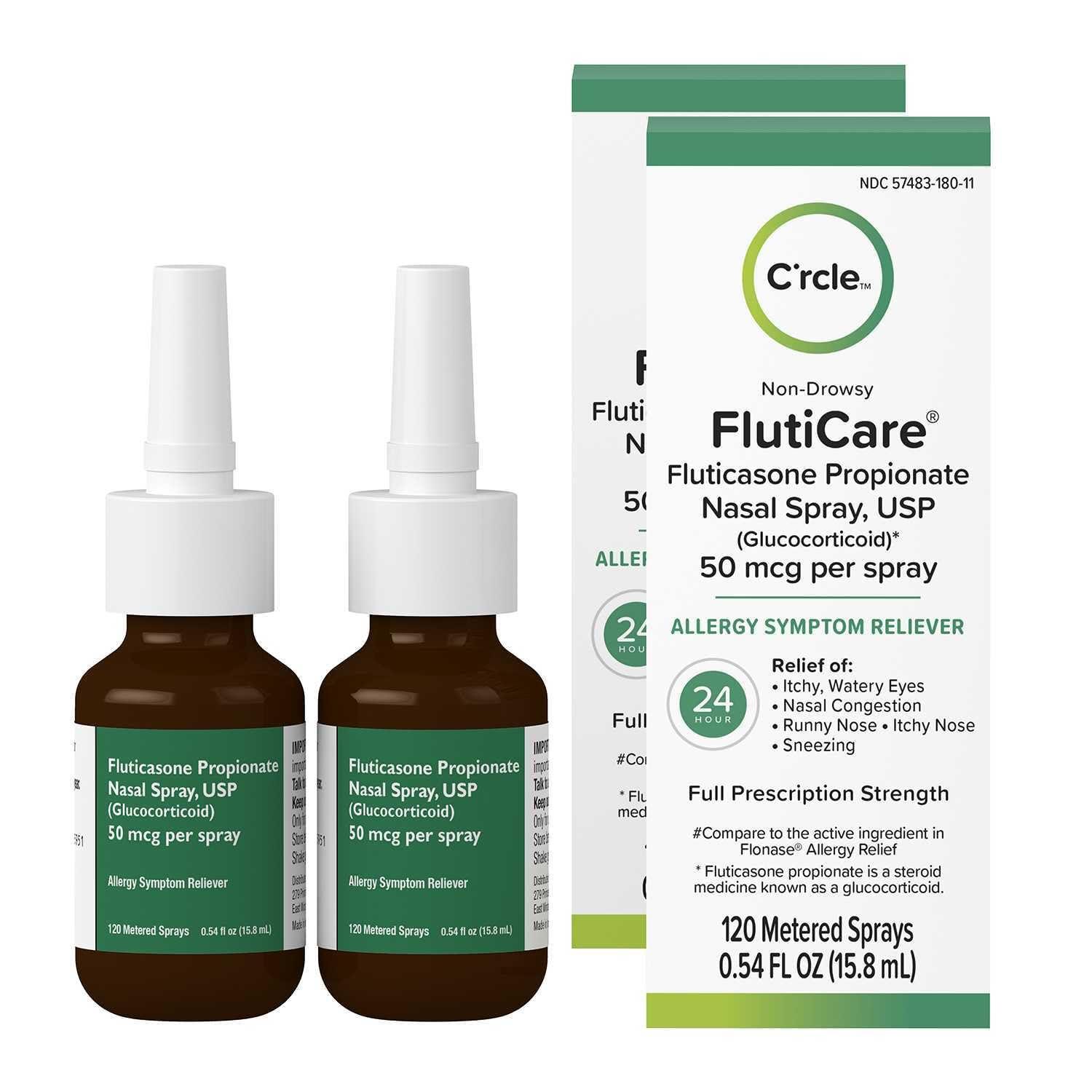 FlutiCare C’rcle 24-Hour Relief Allergy Medicine Nasal Spray, Fluticasone Propionate Nasal Spray 50mcg, Non-Drowsy, Indoor and Outdoor Nasal Allergy Medicine, 120 Sprays (2 Pack)