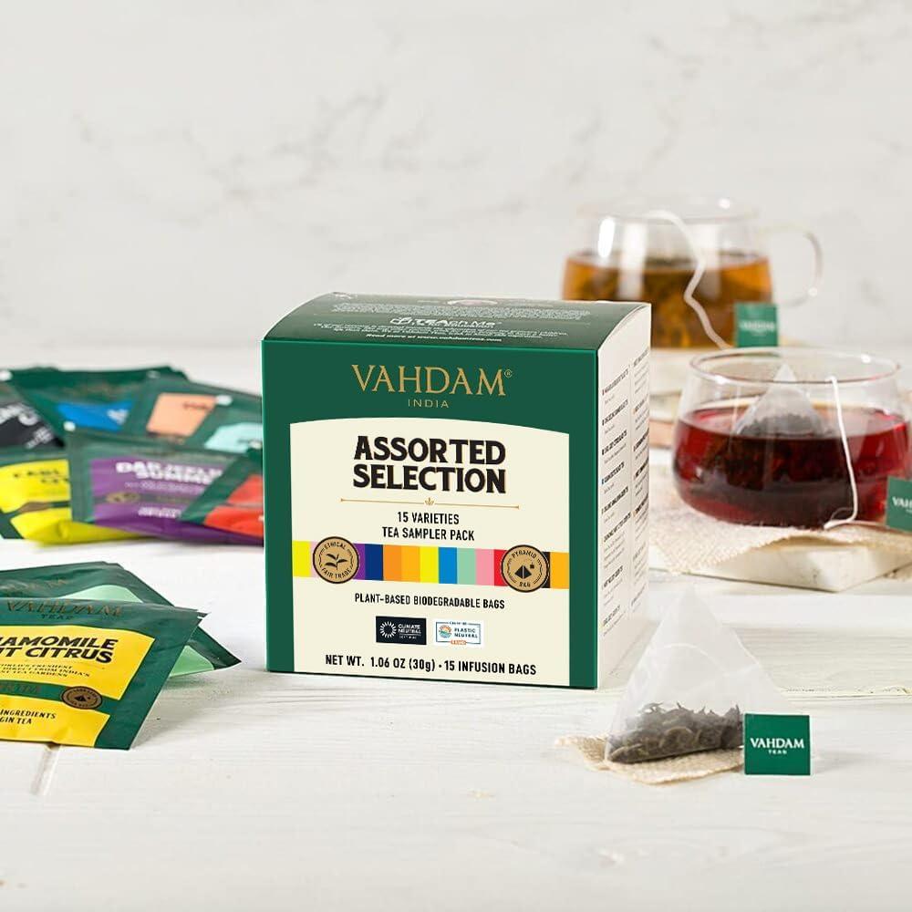 VAHDAM, Assorted Tea Sampler (15 Different Variety in Individually Wrapped Pyramid Tea Bags) Long Leaf Premium Teas I Teas Gift Set I Ideas for Tea Lovers | Gifts for Women & Men - Image 2