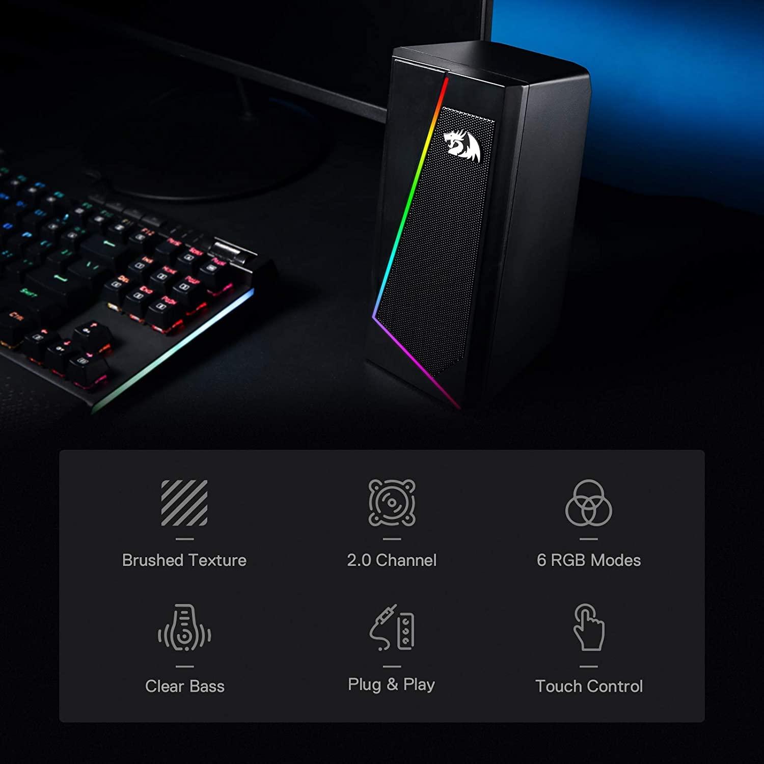Redragon GS520 RGB Desktop Speakers, 2.0 Channel PC Computer Stereo Speaker with 6 Colorful LED Modes, Enhanced Sound and Easy-Access Volume Control, USB Powered w/ 3.5mm Cable - Image 3