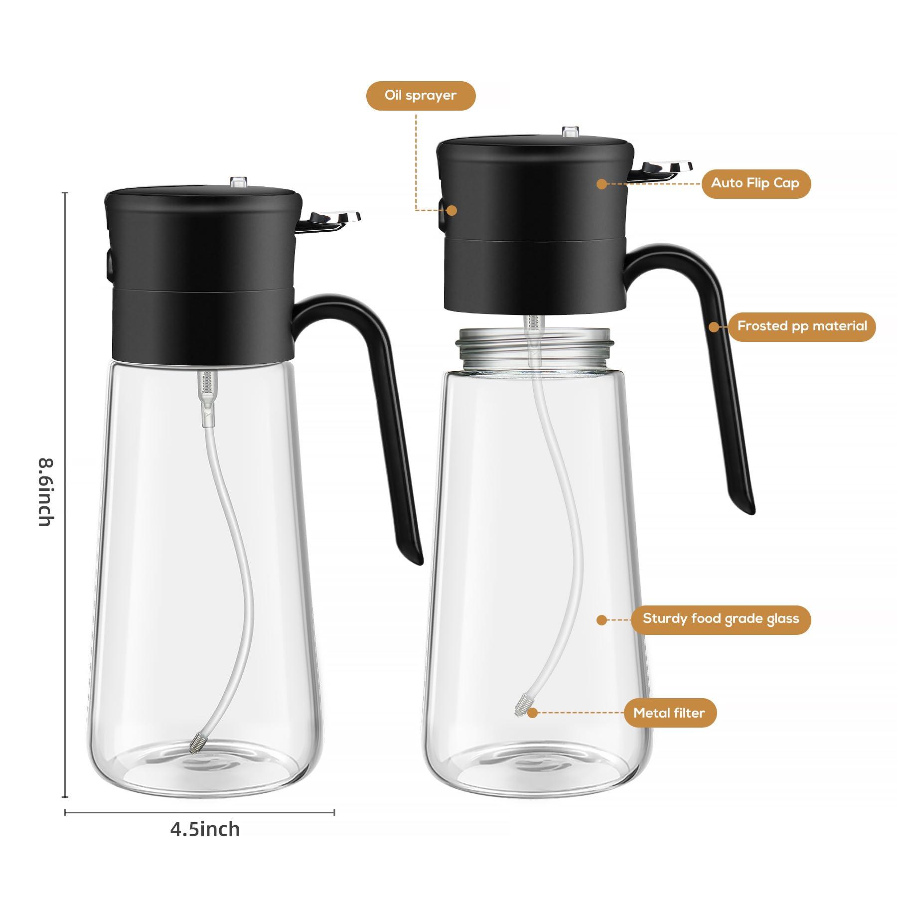 hoforife Glass Olive Oil Dispenser Bottle & Oil Sprayer Bottle 2 In 1 for Kitchen Cooking, Auto Flip Cap, 18oz Black - Image 2