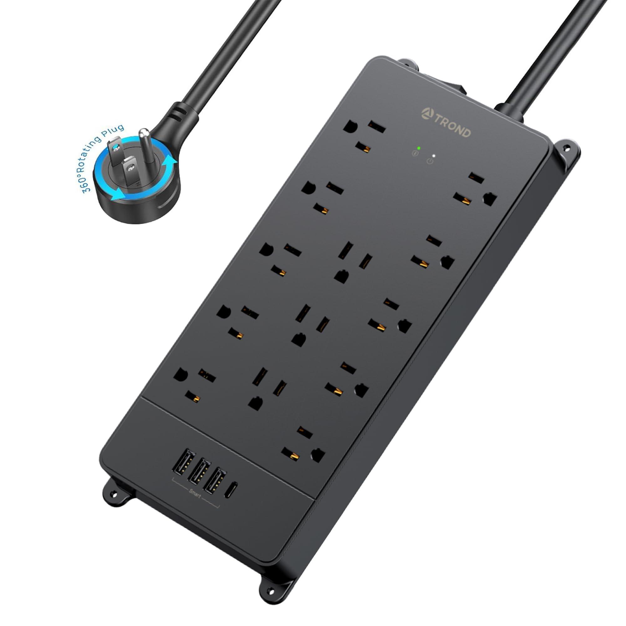 TROND Surge Protector Power Strip, 360° Rotating Flat Plug, 13AC Widely Spaced Outlets Expansion with USB C Port, 4000 Joules, 5ft Extension Cord Heavy Duty, Wall Mount, Under Desk, ETL Listed, Black