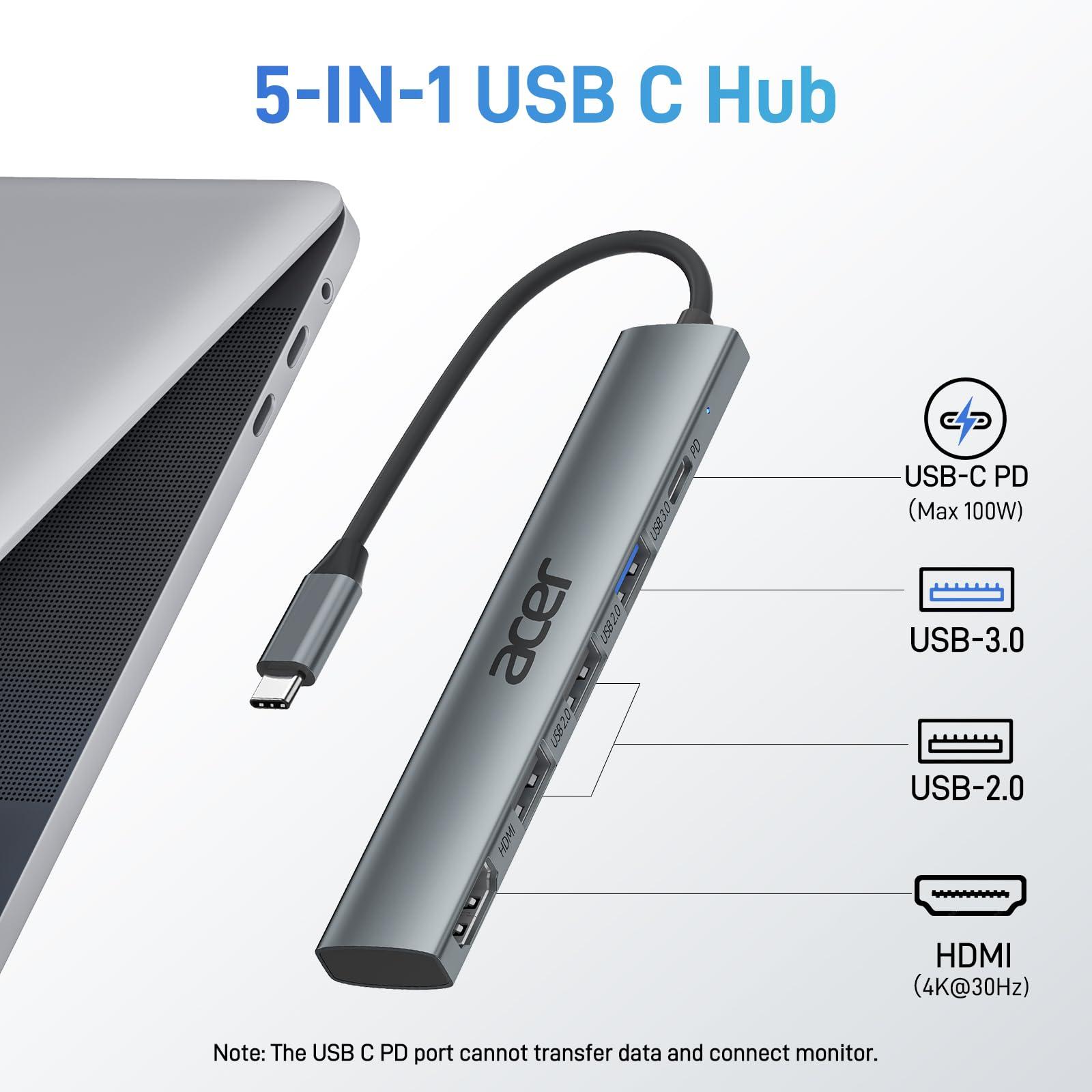 Acer 5 in 1 USB C Hub with 4K HDMI, 100W Power Delivery, 3 USB A Data Ports, USB C to HDMI Multiport Adapter for Laptop, PC, Tablet, MacBook Air, iPad Air, iMac, iPhone 15/16 Pro/Pro Max - Image 2