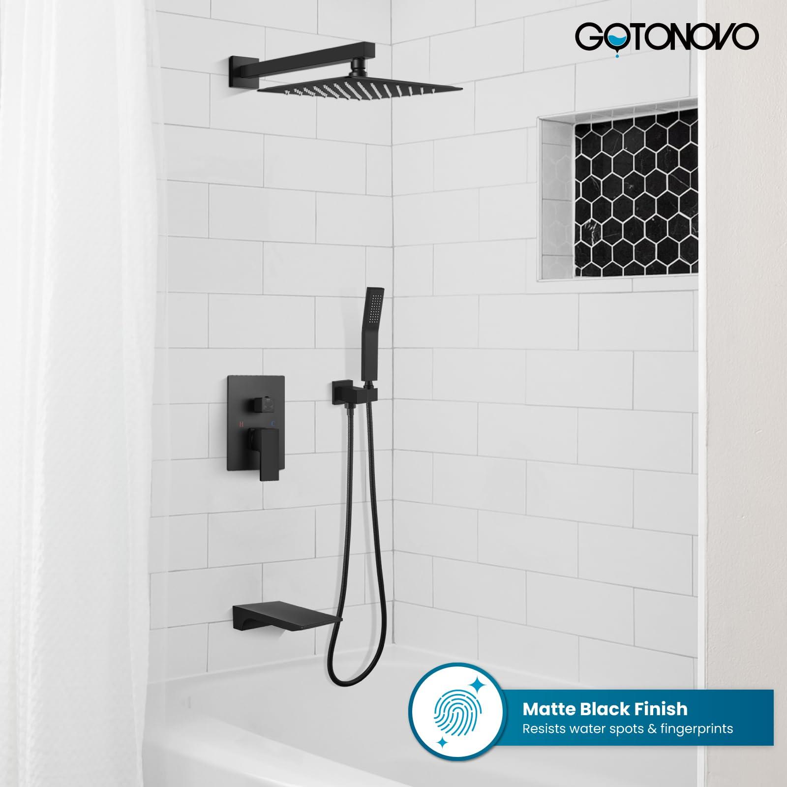 gotonovo Shower System with Tub Spout,Waterfall Tub Shower Faucet Set for Bathroom Head and Handle Set Wall Mounted 3 Function Rough-in Valve and Trim Included 10 inch Shower Head Matte Black - Image 8