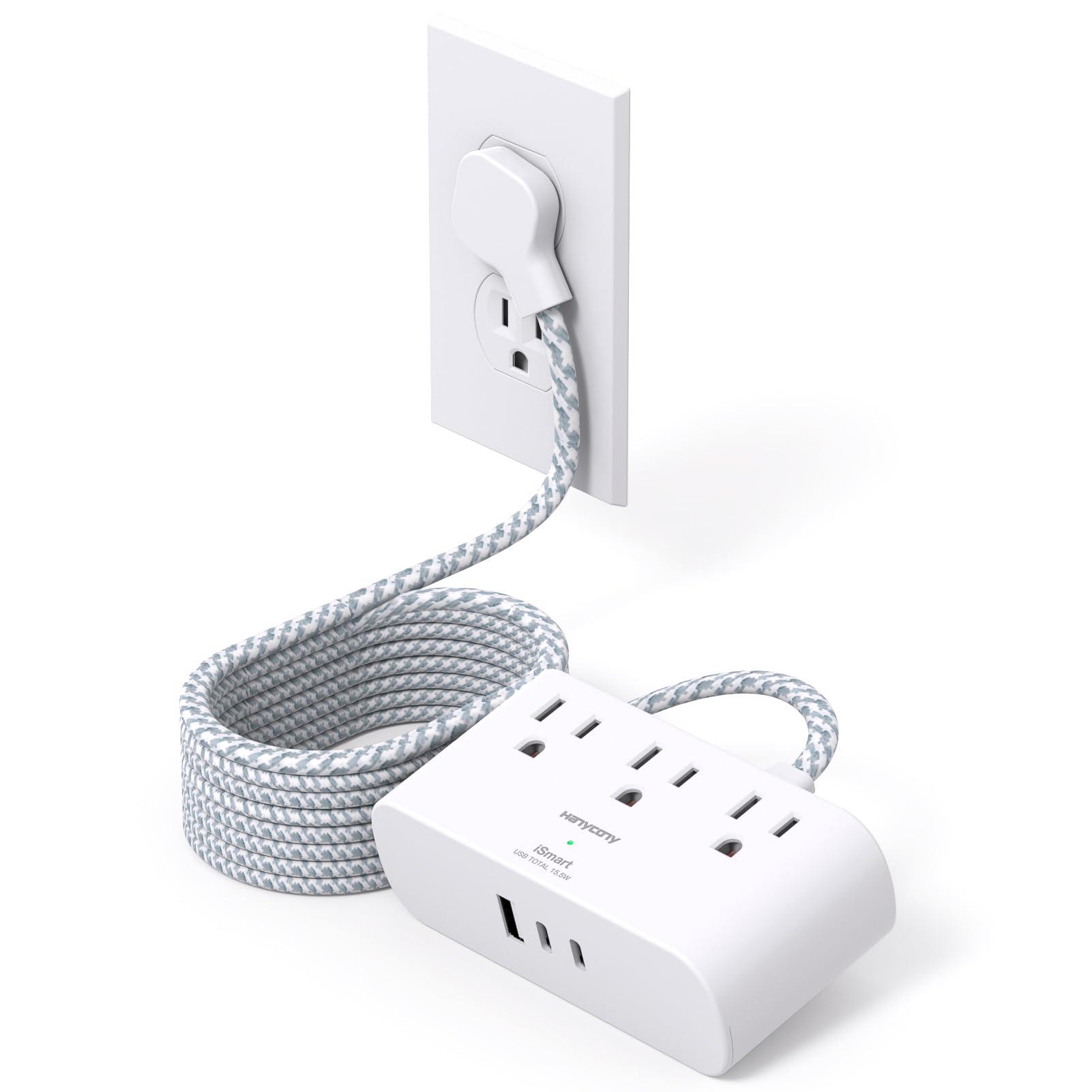 Flat Extension Cord 10 Ft, HANYCONY Ultra Thin Flat Plug Power Strip, 3 Outlets 3 USB Ports(2 USB C) Desk Charging Station, Power Strip with No Surge Protector for Cruise Ship Dorm Room Essentials