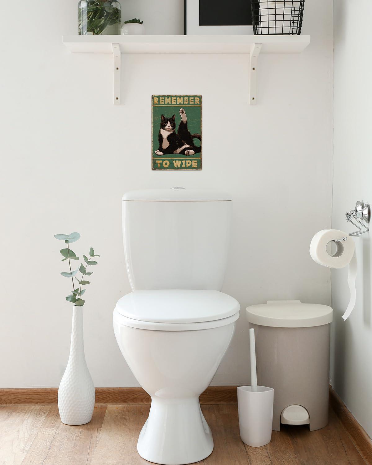 ALKB Bathroom Tuxedo Cat Sign - Remember to Wipe - Cat Lover Gift 8x12 Inch Vintage Metal Sign for Bathroom Decorations - Image 4
