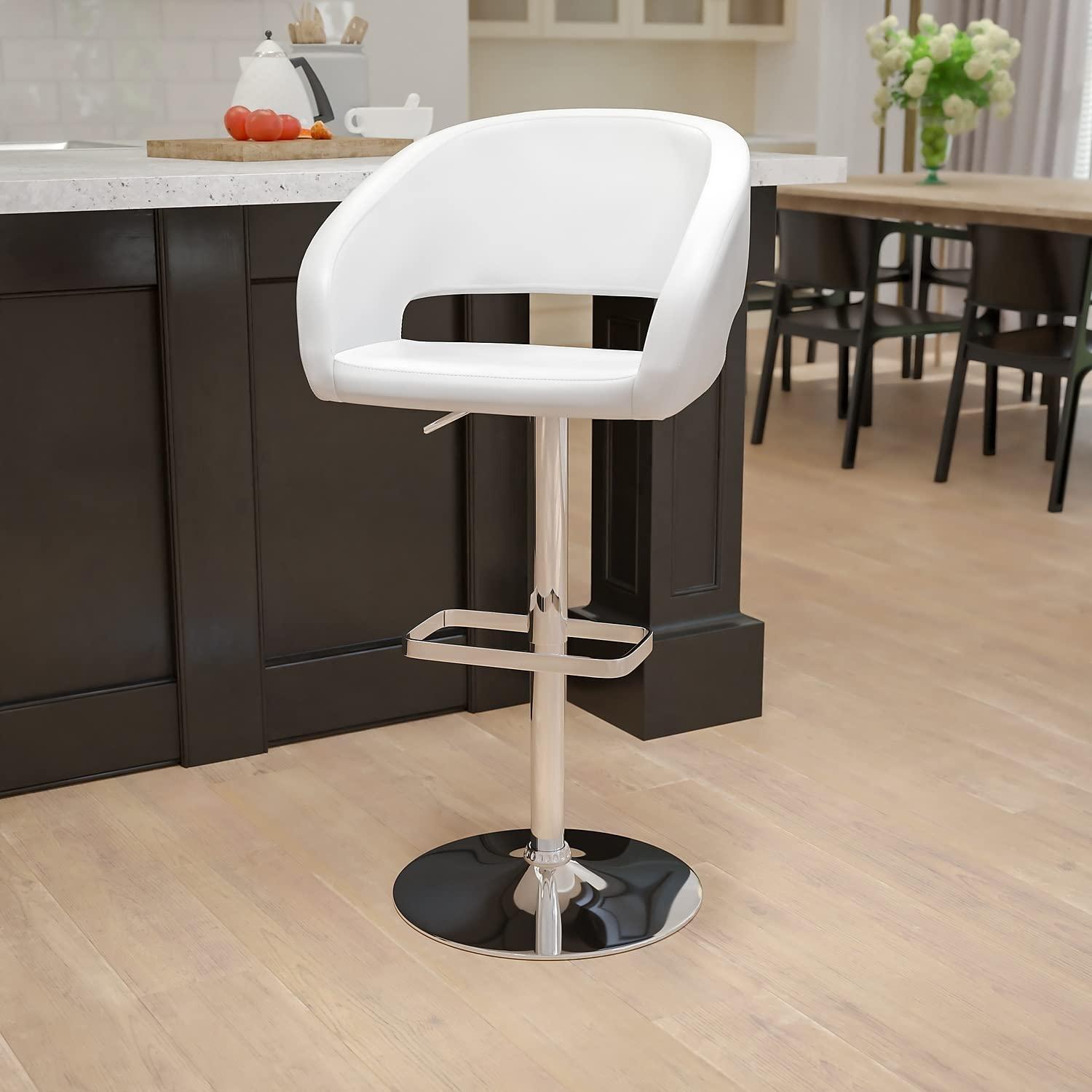 Flash Furniture Erik Contemporary Adjustable Height Barstool with Footrest and Rounded Mid-Back, Upholstered Bar or Counter Height Stool, White/Chrome - Image 2