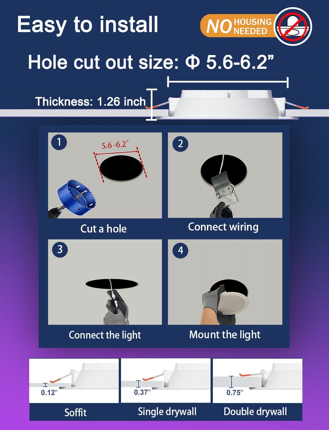 ILC 6 inch led recessed Light, Work with Alexa (Hub Required), App Controlled, RGB Color Changing, 16 Million Colors, CCT: 2700K-6000K, 14W, 120W Equivatlent, 1400LM, CRI 90, Bluetooth Mesh, 6 Packs - Image 6