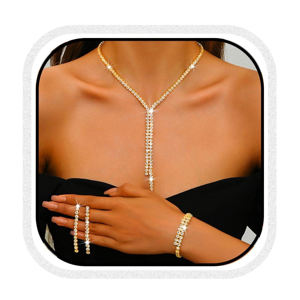 Unicra Silver Bridal Wedding Jewelry Sets Rhinestone Necklace Earrings Bracelet Set Prom Formal Costume Jewelry Sets for Women and Brides