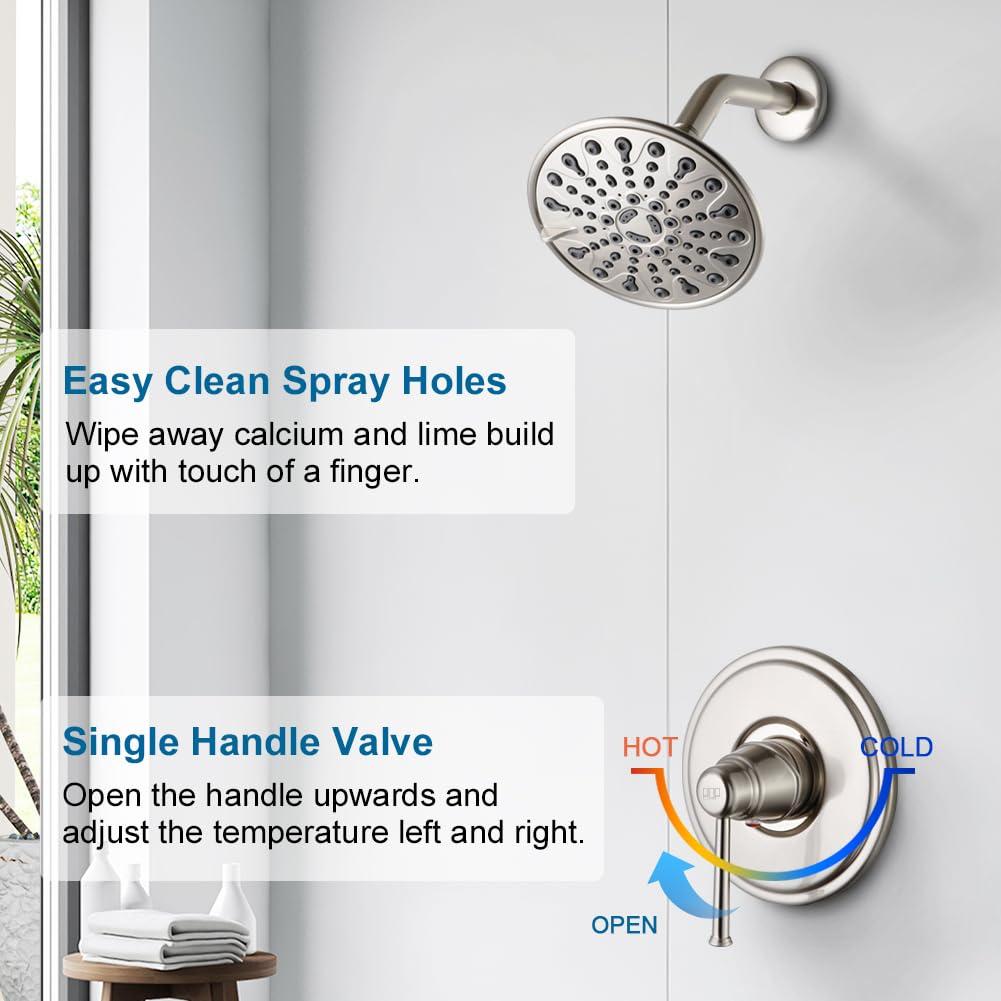 POP SANITARYWARE Shower Faucet Set Brushed Nickel, Bathroom Rain Mixer Shower System, 6 Inch Shower Head and Handle Set, Single Function Shower Trim Kit with Rough-in Valve - Image 5
